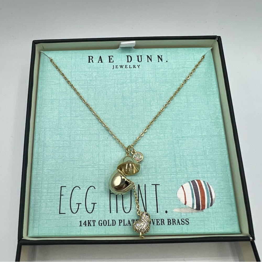 NEW Rae Dunn 14KT Gold Plated Brass Easter Egg Necklace & Cubic Zirconia Charm